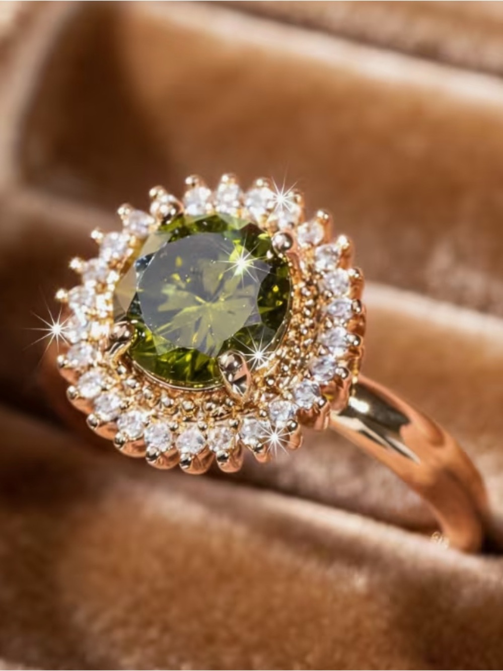 Green Peridot Halo Ring in Gold Plated size 9